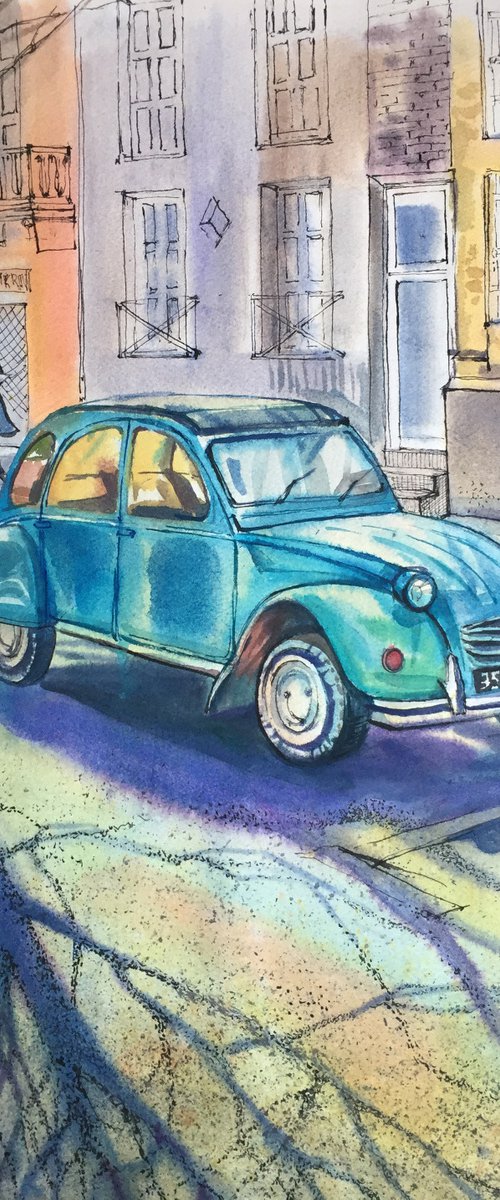 Blue retro car by Natalia Veyner