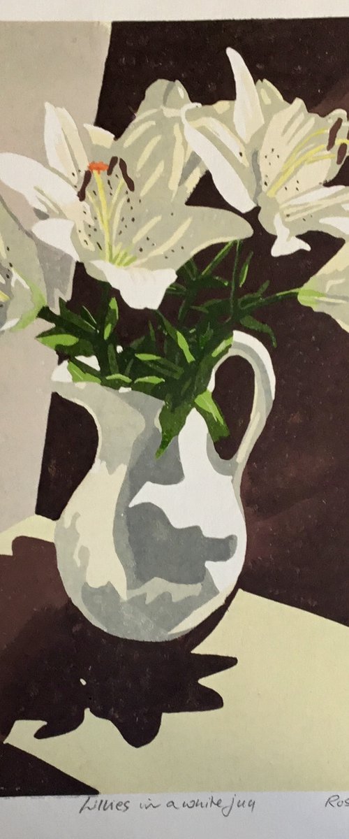 Lillies in a white jug by Rosalind Forster