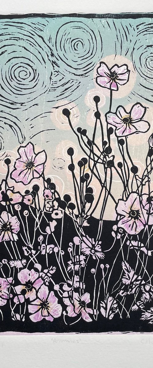 Anemones -  Linocut by C Staunton